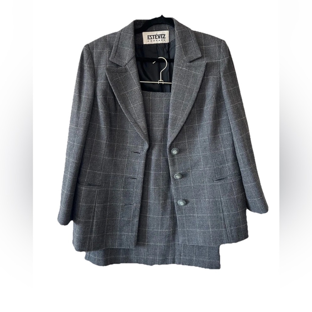 VTG ESTEVEZ Couture Grey & White Wool Tweed Blazer & Skirt Suit Set Size 10